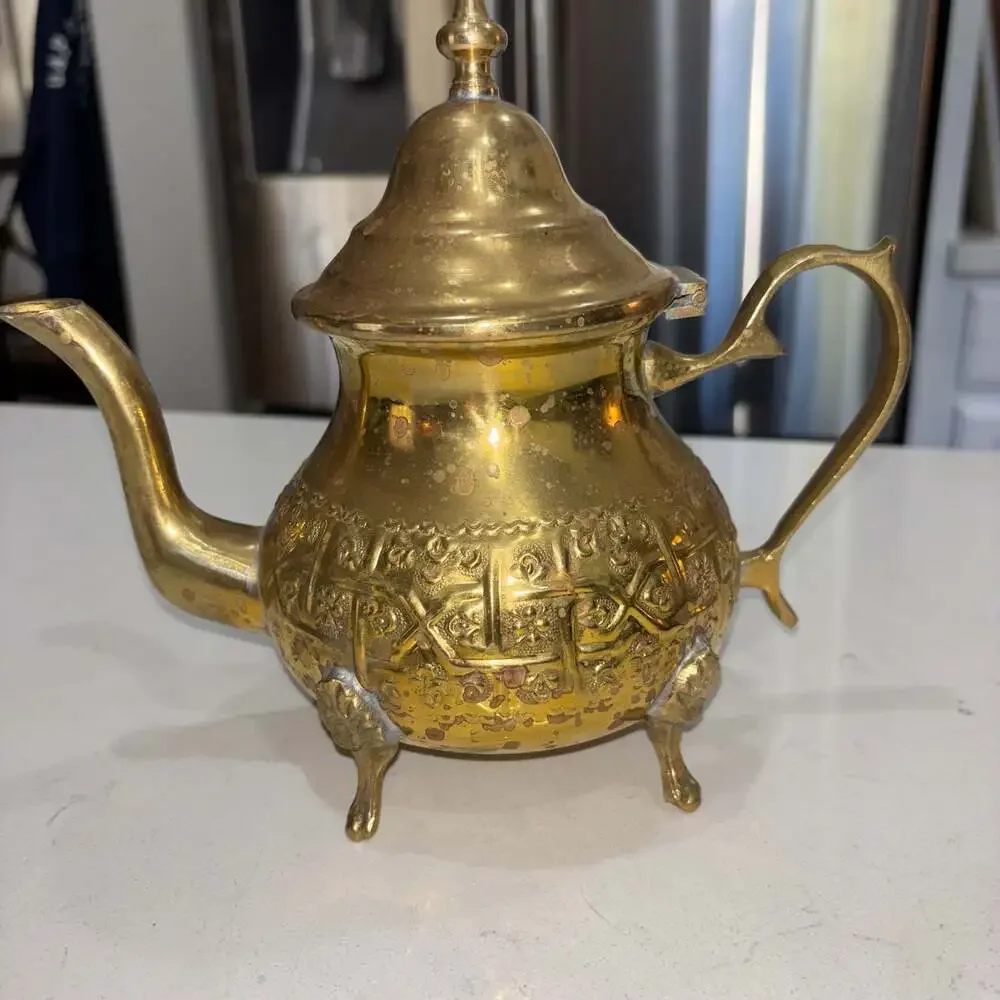 Vintage Ornate Moroccan Style Brass Decorative Teapot with Floral Engravings